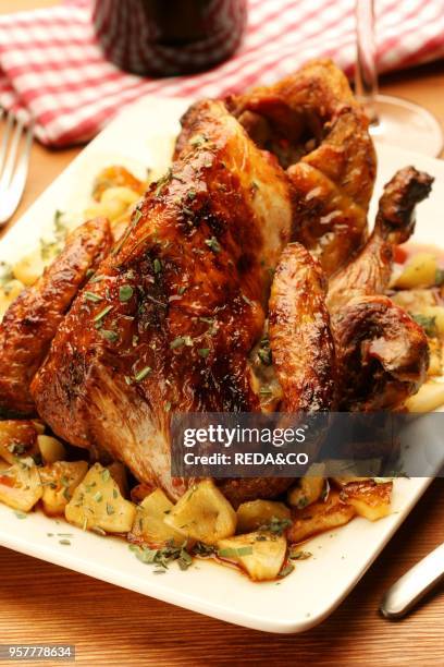 Roast Guinea-fowl with Apples and Cider. Italy.