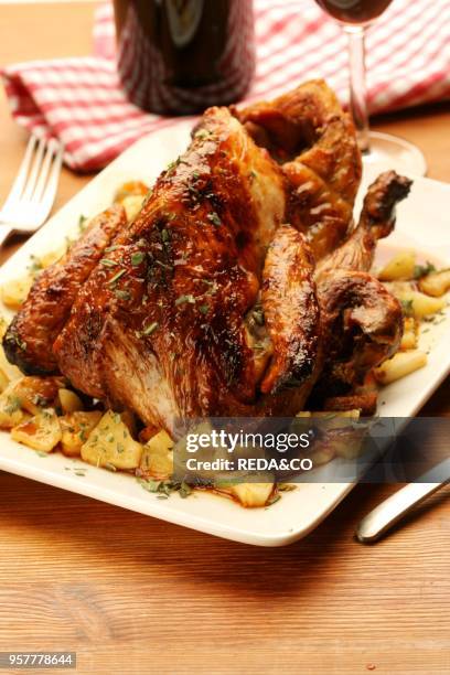 Roast Guinea-fowl with Apples and Cider. Italy.