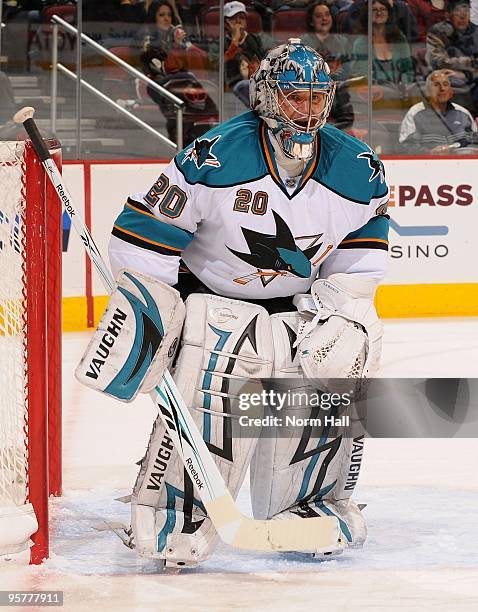 Goaltender Evgeni Nabokov of the San Jose Sharks gets ready to make a save against the Phoenix Coyotes on January 12, 2010 at Jobing.com Arena in...