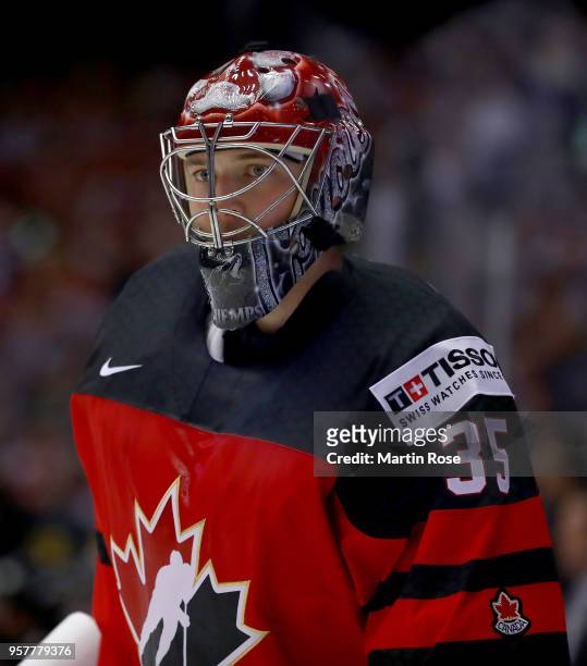 Darcy Kuemper, goaltender of Canada reacts during the 2018 IIHF Ice Hockey World Championship Group B game between Canada and Finland at Jyske Bank...