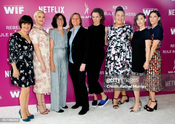 Rebekka Johnson, Kimmy Gatewood, GLOW Creator Carly Mensch, GLOW Creator Liz Flahive, Britney Young, Alison Brie and Jackie Tohn attend the Rebels...