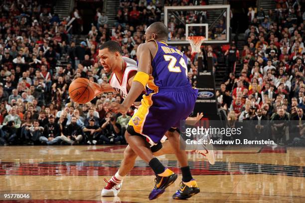 Brandon Roy of the Portland Trail Blazers drives the ball against Kobe Bryant of the Los Angeles Lakers during the game on January 8, 2010 at the...