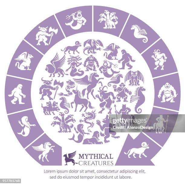 ilustrações de stock, clip art, desenhos animados e ícones de mythical creatures collage - minotauro