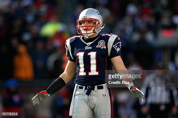 Julian Edelman of the New England Patriots looks on against the Baltimore Ravens during the 2010 AFC wild-card playoff game at Gillette Stadium on...