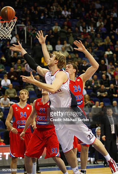 Tiago Splitter, #21 of Caja Laboral competes with Sasha Kaun, #24 of CSKA Moscow during the Euroleague Basketball Regular Season 2009-2010 Game Day...