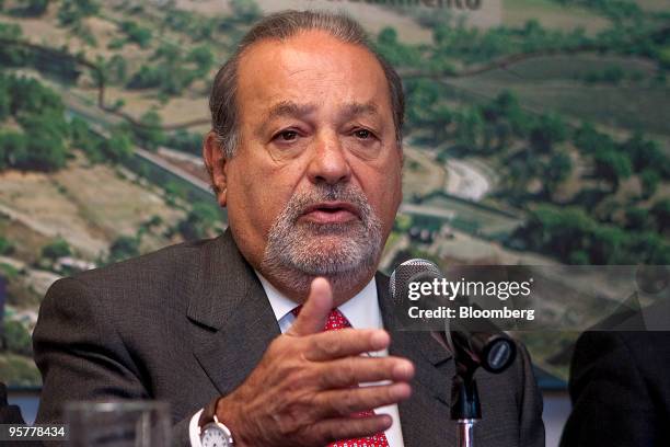 Billionaire Carlos Slim speaks during a Mexican National Water Commission news conference in Mexico City, Mexico, on Thursday, Jan. 7, 2010. Slim's...