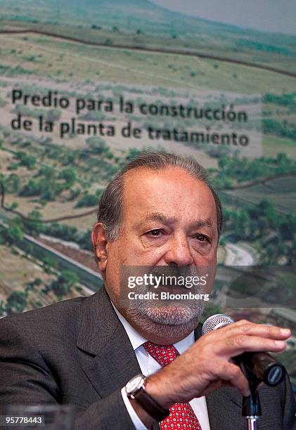 Billionaire Carlos Slim speaks during a Mexican National Water Commission news conference in Mexico City, Mexico, on Thursday, Jan. 7, 2010. Slim's...