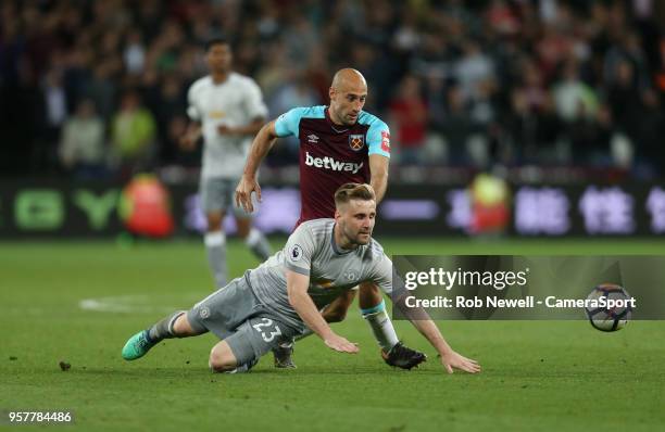 West Ham United's Pablo Zabaleta and Manchester United's Luke Shaw during the Premier League match between West Ham United and Manchester United at...