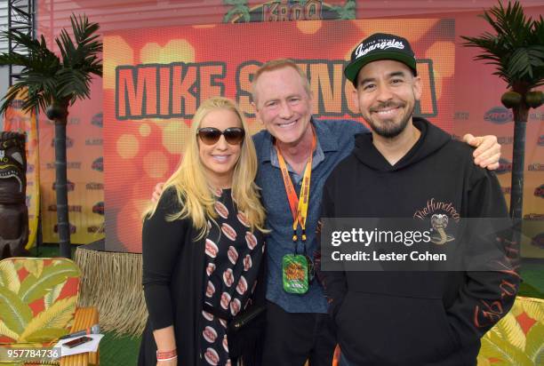 Allie Mac Kay, Kevin Ryder and Mike Shinoda of Linkin Park attend KROQ Weenie Roast 2018 at StubHub Center on May 12, 2018 in Carson, California.