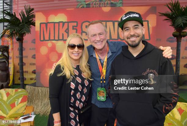 Allie Mac Kay, Kevin Ryder and Mike Shinoda of Linkin Park attend KROQ Weenie Roast 2018 at StubHub Center on May 12, 2018 in Carson, California.