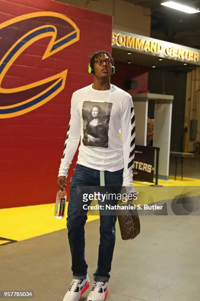 Myles Turner of the Indiana Pacers arrives to the arena prior to Game Seven of Round One of the 2018 NBA Playoffs against the Cleveland Cavaliers on...