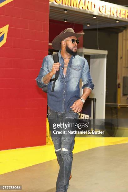 Trevor Booker of the Indiana Pacers arrives to the arena prior to Game Seven of Round One of the 2018 NBA Playoffs against the Cleveland Cavaliers on...