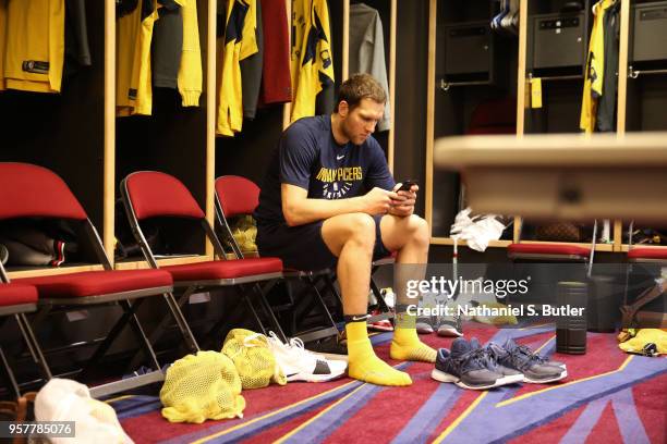 Bojan Bogdanovic of the Indiana Pacers prepares for Game Seven of Round One of the 2018 NBA Playoffs against the Cleveland Cavaliers on April 29,...