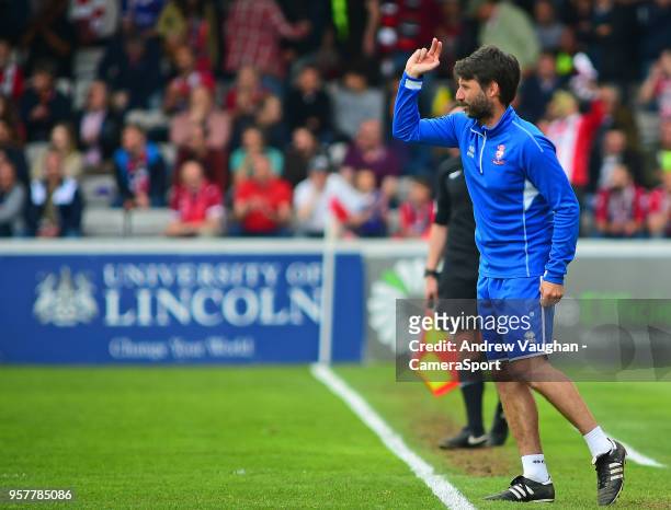 Lincoln City manager Danny Cowley shouts instructions to his team from the technical area during the Sky Bet League Two Play Off Semi Final:First Leg...