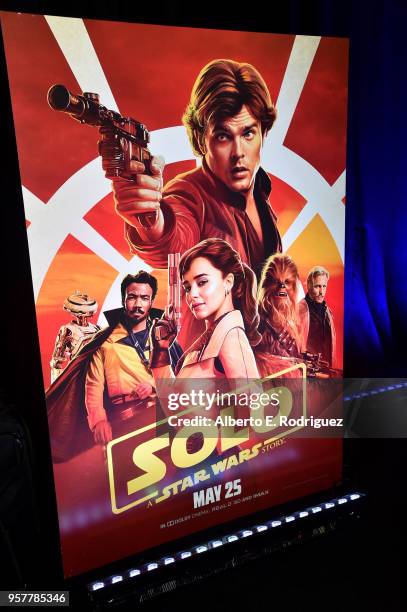 Movie signage on display during a press conference in Los Angeles on May 12, 2018 for "Solo: A Star Wars Story," which opens in U.S theaters on May...