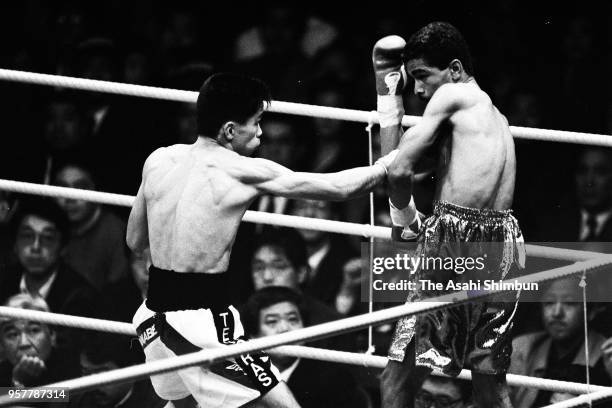 Champion Leopard Tamakuma of Japan connects his right on challenger Jesus Rojas of Venezuela during their WBA Flyweight Title Bout at Aomori City...