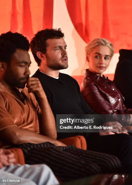 Actors Donald Glover, Alden Ehrenreich and Emilia Clarke participate in a press conference in Los Angeles on May 12, 2018 for "Solo: A Star Wars...