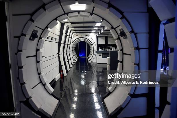 The Millennium Falcon is seen at a press conference in Los Angeles on May 12, 2018 for "Solo: A Star Wars Story," which opens in U.S theaters on May...