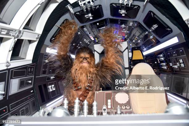 Chewbacca is seen on The Millennium Falcon at a press conference in Los Angeles on May 12, 2018 for "Solo: A Star Wars Story," which opens in U.S...
