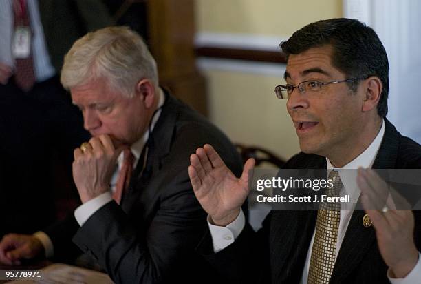 House Democratic Caucus Chairman John B. Larson, D-Conn., and Caucus Vice Chairman Xavier Becerra, D-Calif., during a pen and pad session with...