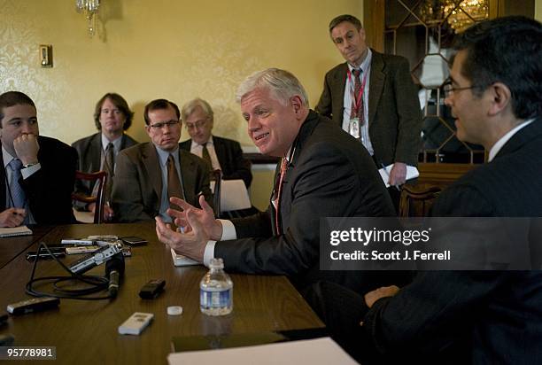 House Democratic Caucus Chairman John B. Larson, D-Conn., and Caucus Vice Chairman Xavier Becerra, D-Calif., during a pen and pad session with...