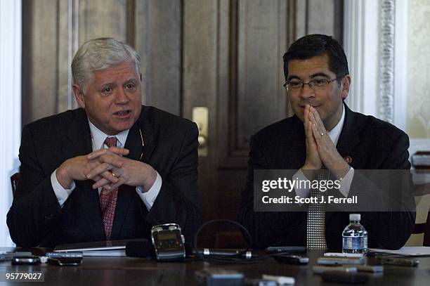 House Democratic Caucus Chairman John B. Larson, D-Conn., and Caucus Vice Chairman Xavier Becerra, D-Calif., during a pen and pad session with...