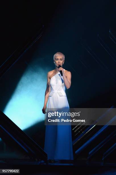 SuRie representing United Kingdom performs at Altice Arena on May 12, 2018 in Lisbon, Portugal.