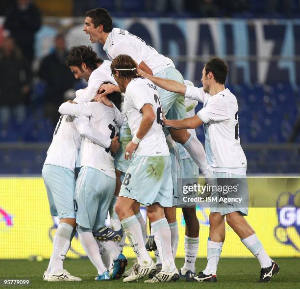 Sergio Floccari , Alexander Kolarov , Stefan Radu and players of SS Lazio celebrate the second goal during the Tim Cup between Lazio and Palermo at...