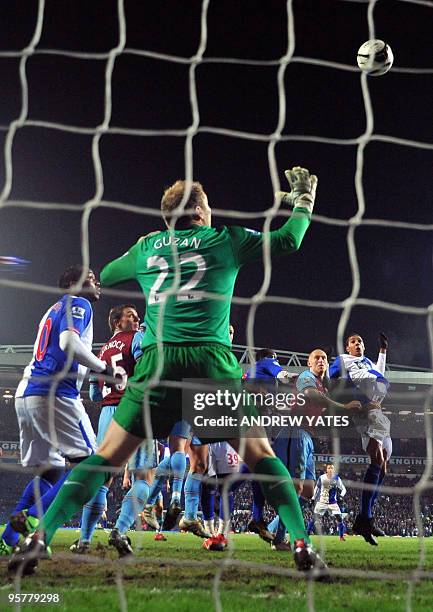 Blackburn Rovers' French midfielder Steven N'Zonzi heads over the bar during the league cup semi final first leg football match against Aston Villa...