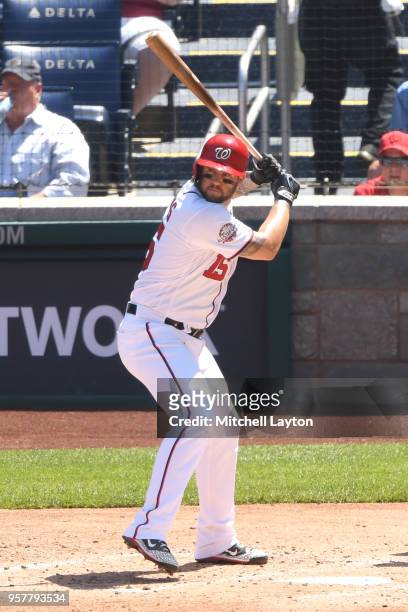 Matt Adams of the Washington Nationals prepares for a pitch during a baseball game against the Pittsburgh Pirates at Nationals Park on May 3, 2018 in...