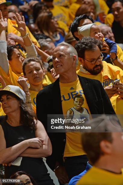 A fan enjoys Game Two of the Western Conference Semifinals during the 2018 NBA Playoffs between the New Orleans Pelicans and Golden State Warriors on...