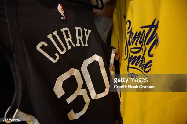 Stephen Curry of the Golden State Warriors jersey is seen prior to Game Two of the Western Conference Semifinals during the 2018 NBA Playoffs against...