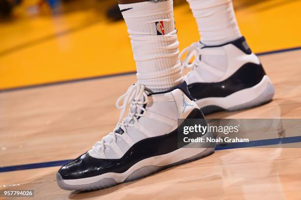 The sneakers worn by Jrue Holiday of the New Orleans Pelicans are seen against the Golden State Warriors in Game Two of the Western Conference...