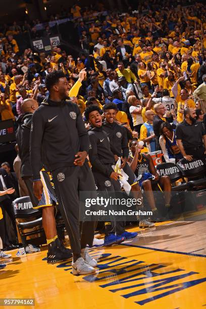 Jordan Bell of the Golden State Warriors looks on against the New Orleans Pelicans in Game Two of the Western Conference Semifinals during the 2018...