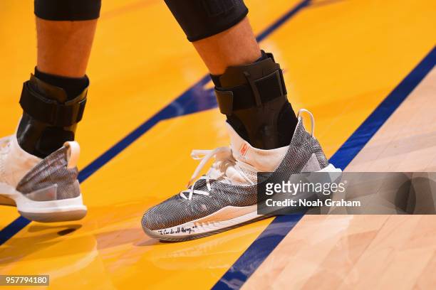 The sneakers worn by Stephen Curry of the Golden State Warriors are seen against the New Orleans Pelicans in Game Two of the Western Conference...