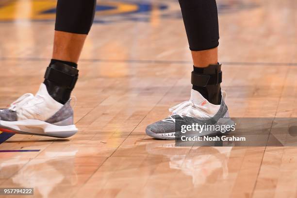 The sneakers worn by Stephen Curry of the Golden State Warriors are seen against the New Orleans Pelicans in Game Two of the Western Conference...