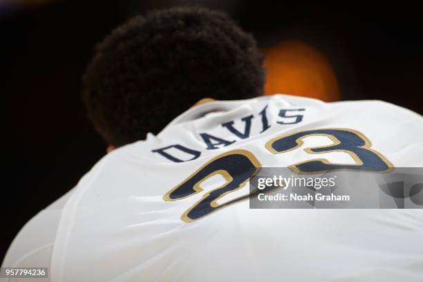 A general view of Anthony Davis of the New Orleans Pelicans jersey in Game Two of the Western Conference Semifinals during the 2018 NBA Playoffs...