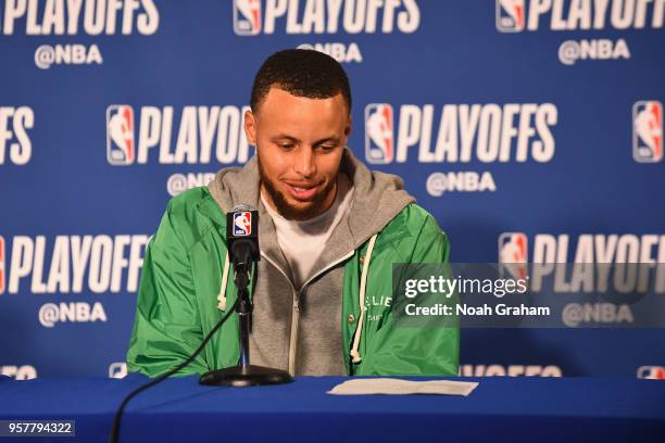 Stephen Curry of the Golden State Warriors talks with the media after Game Two of the Western Conference Semifinals against the New Orleans Pelicans...