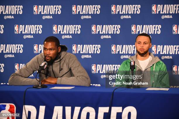 Kevin Durant and Stephen Curry of the Golden State Warriors talks with the media after Game Two of the Western Conference Semifinals against the New...