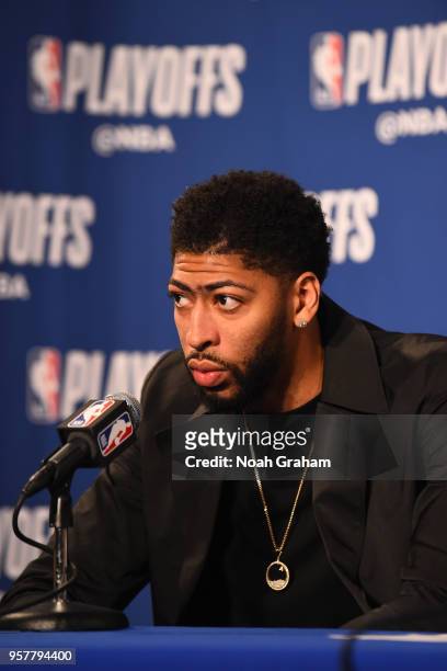 Anthony Davis of the New Orleans Pelicans talks with the media after Game Two of the Western Conference Semifinals against the Golden State Warriors...