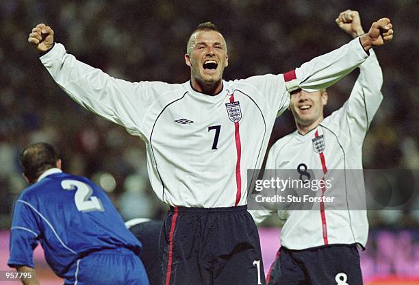 David Beckham of England celebrates scoring the second goal of the match from a brilliant free-kick during the World Cup 2002 Group Nine...