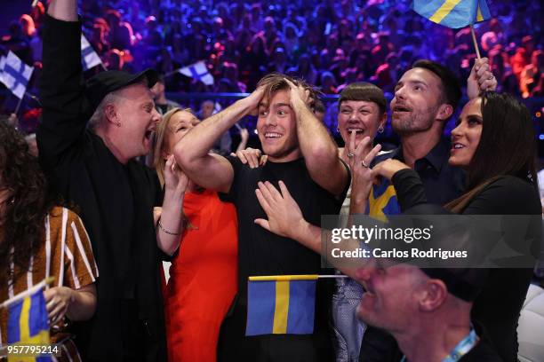 Benjamin Ingrosso of Sweden reacts in the green room during the Eurovision 2018 Grand Final at Altice Arena on May 12, 2018 in Lisbon, Portugal.