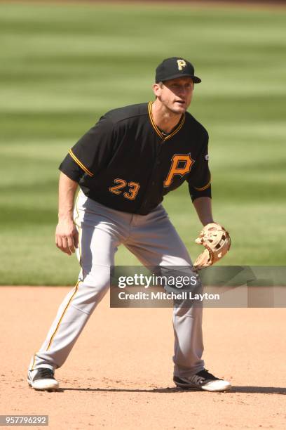 David Freese of the Pittsburgh Pirates in position during a baseball game against the Washington Nationals at Nationals Park on May 3, 2018 in...