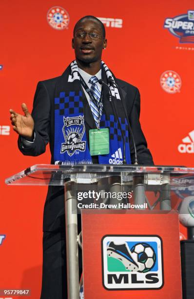 First-round draft pick Ike Opara of the San Jose Earthquakes addresses the crowd during the 2010 MLS SuperDraft on January 14, 2010 at the...