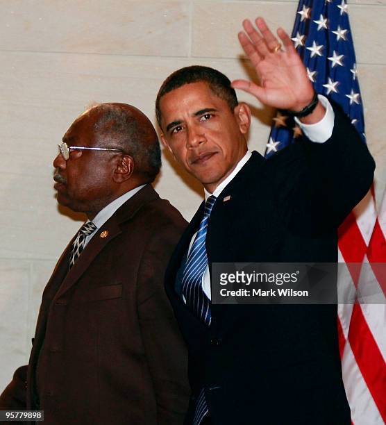President President Barack Obama waves as he walks Rep. James Clyburn after arriving at the US Capitol on January 14, 2010 in Washington, DC....