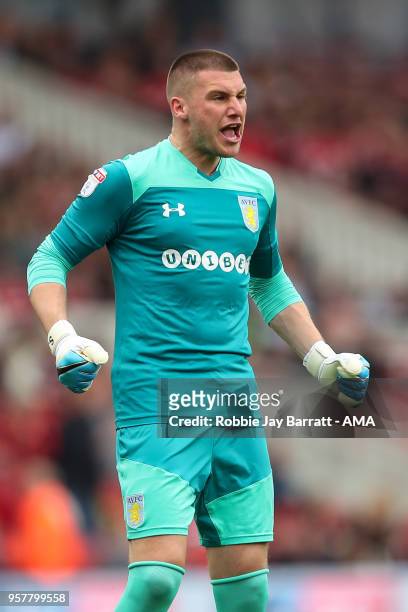 Sam Johnstone of Aston Villa celebrates the first goal during the Sky Bet Championship Play Off Semi Final First Leg match between Middlesbrough and...