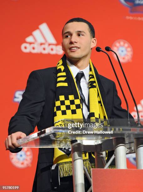 First-round draft pick Dilly Duka of the Columbus Crew addresses the crowd during the 2010 MLS SuperDraft on January 14, 2010 at the Pennsylvania...