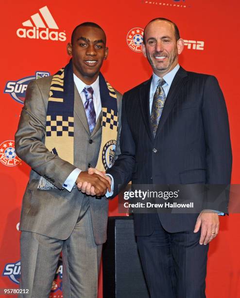 First-round draft pick Amobi Okugo of the Philadelphia Union and Major League Soccer commissioner Don Garber pose for a photograph during the 2010...