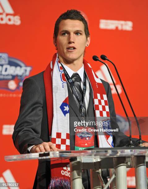 First-round draft pick Zach Loyd of FC Dallas addresses the crowd during the 2010 MLS SuperDraft on January 14, 2010 at the Pennsylvania Convention...