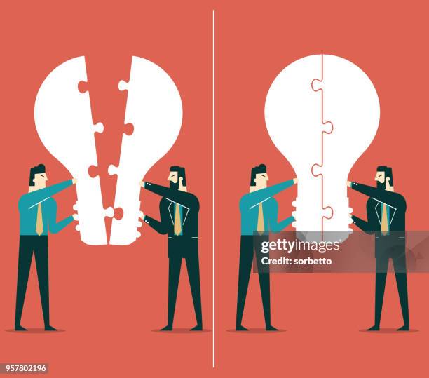 matching ideas - businessmen - complicated instructions stock illustrations